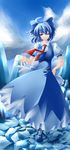  ahoge blue_eyes blue_hair blue_sky bow breasts cirno cloud day dress hair_bow hand_on_hip highres ice large_bow large_breasts necktie older one_eye_closed outstretched_hand puffy_sleeves shiromiza_kana short_hair short_sleeves sky solo standing touhou 