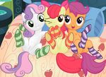  absurd_res apple_bloom_(mlp) applebloom_(mlp) bed cub cute cutie_mark_crusaders_(mlp) edit equine female feral friendship_is_magic hair hi_res horn horse junglepony lying mammal my_little_pony nude on_back one_eye_closed pegasus pillow pony pussy scootaloo_(mlp) socks spread_legs spreading sweetie_belle_(mlp) unicorn wings wink young 