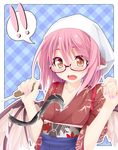  1girl alternate_costume animal_ears bespectacled between_breasts bird_wings blush breasts eel glasses head_scarf japanese_clothes mystia_lorelei nail_polish obi ogami_kazuki okamisty open_mouth pink_hair plaid plaid_background sash sexually_suggestive short_hair solo touhou wings yellow_eyes 