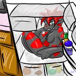  angry anthro breasts cautioncat disturbed dragon female fridge green_eyes hair inside looking_at_viewer mad mayo nipples nude quiggles red_hair refridgerator scalie solo stripes thighs 