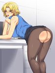  akagi_ritsuko ass bent_over blonde_hair blush breasts earrings green_eyes gureko_rouman highres jewelry large_breasts lipstick makeup neon_genesis_evangelion no_panties open_mouth pantyhose short_hair skirt skirt_lift smile solo sweat torn_clothes torn_pantyhose 