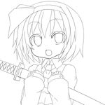  ascot bow greyscale hair_bow hair_ribbon highres jd_(bibirijd) konpaku_youmu lineart monochrome open_mouth ribbon sheath sheathed solid_black_thumbnail solo sword touhou transparent_background weapon 