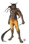  clothing feline fighter lynx male mammal pants plain_background rapier solo standing topless trousers white_background 
