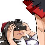  blood camera female_pervert hat implied_pantyshot inubashiri_momiji multiple_girls nosebleed pervert shameimaru_aya short_hair skirt tokin_hat touhou zassou_maruko 