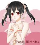  bangs black_hair center_frills clenched_hand denshi_manabu frills hair_ornament hair_ribbon hands_on_own_chest happy_birthday looking_at_viewer love_live! love_live!_school_idol_project pink_ribbon red_eyes ribbon smile solo twintails upper_body yazawa_nico 