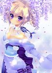  blonde_hair blush bow breasts cleavage detached_collar dress flower konno_kengo long_sleeves medium_breasts off_shoulder original petals puffy_sleeves purple_eyes short_hair smile solo twintails wisteria 