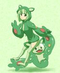  bad_anatomy bare_hips character_hood closed_mouth commentary_request dual_persona full_body gen_5_pokemon green green_jacket hood hood_up jacket kuromiya looking_at_viewer personification pokemon pokemon_(creature) reuniclus smile 