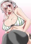  1girl bikini black_legwear black_thighhighs breasts curvy erect_nipples female headphones huge_breasts long_hair nitroplus open_mouth pink_hair red_eyes simple_background sitting solo striped striped_bikini striped_swimsuit super_sonico swimsuit thighhighs ura urx_ura vocaloid 