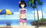  beach bikini black_hair collarbone day flower frilled_bikini frills hair_flower hair_ornament highres navel ocean outdoors palm_tree pink_bikini shiina_mayuri short_hair sky solo steins;gate swimsuit tree 