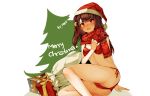  1girl arm_support bangs bell bikini blush breasts christmas eyebrows_visible_through_hair gift girls_frontline hair_ornament hair_ribbon half_updo highres hiko_(4486aa) jingle_bell large_breasts long_hair looking_at_viewer one_side_up open_mouth purple_hair red_bikini red_eyes red_scarf ribbon sack scarf side-tie_bikini sitting solo swimsuit tearing_up very_long_hair wa2000_(girls_frontline) 