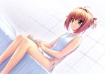  ahoge artist_request bed brown_hair collarbone dutch_angle eyebrows eyebrows_visible_through_hair game_cg green_eyes hair_ribbon miono_shizuku muvluv muvluv_alternative_chronicles no_panties official_art red_ribbon ribbon short_hair sitting solo 