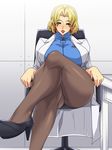  1girl akagi_ritsuko blonde_hair blush breasts chair earrings green_eyes gureko_rouman high_heels highres jewelry large_breasts legs_crossed lipstick looking_at_viewer makeup neon_genesis_evangelion open_mouth pantyhose pumps shoes short_hair sitting solo 