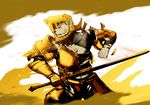  armor black_smoke broken feline fight gold male mammal pose solo sword tiger unconvincing_armor warm_colors warrior weapon white yellow_theme 