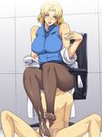  1boy 1girl akagi_ritsuko blonde_hair blush breasts censored cum cum_on_body cum_on_feet cum_on_lower_body feet footjob gureko_rouman highres large_breasts neon_genesis_evangelion no_shoes short_hair smile 