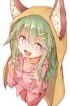  animal_ears bad_id bad_pixiv_id blush cat_ears collarbone diamond-shaped_pupils fang green_hair hair_ornament hairpin highres long_hair long_sleeves open_mouth original pink_eyes solo symbol-shaped_pupils tsunotsuki_(uguisu_maccha) white_background 