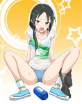  black_hair bottle bowieknife bra bra_strap card_(medium) card_parody cinderella_girls_card_parody hair_over_shoulder idolmaster idolmaster_cinderella_girls open_mouth panties parody rookie_trainer see-through shorts shorts_around_one_leg side_ponytail solo spread_legs trainer_(idolmaster) underwear water_bottle wet wet_clothes 