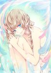  bare_shoulders blonde_hair blue_eyes feathers hands_on_own_knees interlocked_fingers leg_hug looking_at_viewer mikuni_(mikunik) original short_hair smile solo 