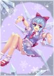  :d absurdres bad_hands blue_eyes border character_name cirno highres ice ice_wings mary_janes open_mouth outstretched_arms pointy_ears shoes short_hair skirt smile snowflakes solo sonikey0_0 touhou wings wrist_cuffs 