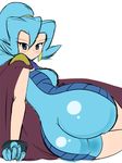  1girl ass blue_hair blush cape female gym_leader halubato harubato huge_ass ibuki_(pokemon) indigo_eyes pokemon simple_background smile solo 