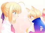  1girl ahoge animal_ears artoria_pendragon_(all) blonde_hair casual cat_ears cat_tail catboy chibi cone_(emishyz) fate/hollow_ataraxia fate/stay_night fate_(series) gilgamesh hair_bun hair_ribbon kemonomimi_mode red_eyes ribbon saber tail takeuchi_takashi third-party_edit 