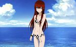  beach bikini blue_eyes breasts brown_hair checkered checkered_bikini cleavage day front-tie_bikini front-tie_top highres long_hair makise_kurisu navel ocean outdoors side-tie_bikini sky small_breasts solo steins;gate swimsuit 