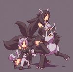  animal_ears black_legwear gen_3_pokemon kuromiya long_hair mightyena moemon multiple_girls open_mouth personification pokemon pokemon_(creature) poochyena red_eyes riding short_hair smile tail thighhighs very_long_hair 