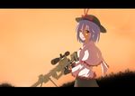  anime_coloring bolt_action bow cheytac_m200 finger_on_trigger fingerless_gloves frills gloves gun hat hat_bow highres letterboxed looking_at_viewer nagae_iku purple_hair red_eyes rifle shiroi_suzume short_hair sky sniper sniper_rifle solo standing sunset touhou weapon 