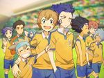  blue_eyes blue_hair blush bracelet brown_eyes brown_hair closed_eyes glasses goalkeeper grin hamano_kaiji hayami_tsurumasa inazuma_eleven_(series) inazuma_eleven_go jewelry kageyama_hikaru kariya_masaki kurama_norihito long_hair male_focus matsukaze_tenma mezashi_(mezasi) multiple_boys nishizono_shinsuke open_mouth raimon raimon_soccer_uniform sangoku_taichi smile soccer_field soccer_uniform sportswear tsurugi_kyousuke v yellow_eyes 