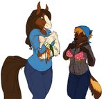  bandanna blush bra clothed clothing clydesdale color duo ears_back equine female friends green_eyes hoodie horse jeans jessi jewels lace mammal mustelid nostrils open_mouth pants sefeiren size_difference spots stripes tassels underwear wolverine 