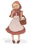  apple apron basket blonde_hair blue_eyes bulleta capelet dress food fruit hood hym_tbk knife red_capelet red_dress short_hair solo vampire_(game) 