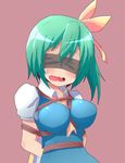  arms_behind_back ascot bdsm blindfold blush bondage bound breast_bondage breasts daiyousei dress facing_viewer fairy_wings green_hair hair_ribbon highres kuromu_(underporno) large_breasts long_hair open_mouth ribbon rope side_ponytail simple_background solo touhou wavy_mouth wings 