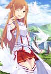  ;d asuna_(sao) bare_shoulders bird breastplate brown_eyes brown_hair cloud day detached_sleeves hao_(patinnko) highres long_hair mountain one_eye_closed open_mouth skirt sky smile solo sword sword_art_online thighhighs water weapon white_legwear 