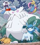  blue_eyes clothed_pokemon cloud creature cresselia day floating froslass gameplay_mechanics gen_3_pokemon gen_4_pokemon glaceon halo mountain no_humans open_mouth outdoors pink_eyes pokemoa pokemon pokemon_(creature) scarf shedinja sky snow standing 