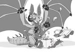  box claws ear_piercing english_text eyes feathers female gift greyscale hindpaw horn monochrome nostrils open_mouth pawpads paws piercing reptile ribbons scales scalie sefeiren sitting sketch spikes spots surprise tag text tongue wings 