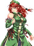  adapted_costume bare_shoulders beret braid breasts bridal_gauntlets green_eyes hair_ribbon hat highres hong_meiling large_breasts long_hair open_mouth red_hair ribbon side_braid simple_background solo star touhou white_background yoiti 