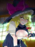  bad_id bad_pixiv_id blonde_hair blush bow breasts cleavage hat hat_bow hyudora kirisame_marisa large_breasts leaning_forward long_hair nipple_slip nipples open_mouth puffy_sleeves short_sleeves solo touhou witch_hat yellow_eyes 