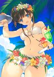  :d arm_up armlet ass_visible_through_thighs bad_id bad_pixiv_id bikini blue_eyes blush bracelet breasts brown_hair cloud cowboy_shot day drink fingernails flower food from_below fujisawa_machi glass hair_flower hair_ornament halter_top halterneck hibiscus holding ice_cream ice_cream_float jewelry looking_at_viewer looking_down medium_breasts melon_soda mole mole_under_eye navel o-ring o-ring_bikini o-ring_top open_mouth original plumeria seashell shell short_hair sky smile solo swimsuit tray tropical_drink underboob wet white_bikini 