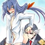  baku_(owari_no_chronicle) blue_hair blush embarrassed grey_hair kodama_yuu long_hair multicolored_hair multiple_boys necktie owari_no_chronicle ponytail purple_eyes sayama_mikoto shinjou_sadagiri shinjou_setsu shirt short_hair tears 