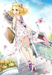  bag blonde_hair blue_eyes blush bouquet cocoon_(loveririn) dress floral_print flower hair_ornament high_heels highres holding kneepits lamppost looking_back original petals pink_flower pink_rose plant potted_plant rose shoes smile solo stairs wind 