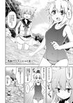  barefoot closed_eyes collarbone comic dress dress_lift greyscale hat long_hair monochrome mononobe_no_futo multiple_girls one-piece_swimsuit open_mouth ponytail rioshi school_swimsuit shirt short_hair sleeveless sleeveless_shirt swimsuit tate_eboshi touhou toyosatomimi_no_miko translation_request 