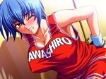  1girl bdsm bishop bishop_(company) blue_hair blush bondage bound breasts cheerleader cuffs erect_nipples femsub game_cg handcuffs kagami kagami_hirotaka kasai_makoto large_breasts mesu_kyoushi solo wink yellow_eyes 