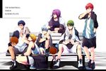  akashi_seijuurou aomine_daiki bad_id bad_pixiv_id basketball basketball_uniform blonde_hair blue_eyes blue_hair copyright_name dark_skin dark_skinned_male domco english glasses green_eyes green_hair kise_ryouta kuroko_no_basuke kuroko_tetsuya male_focus midorima_shintarou multiple_boys murasakibara_atsushi purple_eyes purple_hair red_eyes red_hair sitting_on_bench sportswear towel yellow_eyes 