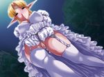  1girl bdsm blonde_hair blush bondage bound breasts dildo dress elf femsub from_below game_cg green_eyes outdoors pointy_ears pussy pussy_juice rope shibari sky solo splush_wave thighhighs tiara uncensored vaginal white_lady 