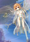  absurdres angel_wings barefoot bell blonde_hair cross feathers highres long_hair orange_eyes original partially_submerged see-through sleeveless smile solo staff totto very_long_hair water wings 