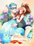  1girl baseball_cap blush brown_hair closed_eyes embarrassed flower gen_3_pokemon gym_leader hachiku_(pokemon) hat japanese_clothes long_hair mask pmd432 pokemon pokemon_(creature) pokemon_(game) pokemon_bw ponytail sitting sleeping spheal sweatdrop tegaki touko_(pokemon) 