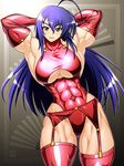 1girl 2012 abs ahoge armpits arms_behind_head arms_up artist_name bangs bare_shoulders biceps blush breasts crop_top dated elbow_gloves female flexing garter_belt gloves hair_between_eyes highres impossible_clothes kurokami_medaka large_breasts latex leotard long_hair looking_at_viewer medaka_box muscle open_mouth parted_lips pose purple_hair red_eyes red_legwear ren_(tainca2000) shiny shiny_clothes shiny_hair shiny_skin skin_tight smile solo standing thick_thighs thighhighs thighs turtleneck underboob 