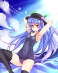  armpits black_legwear blue_hair blush breasts cleavage collarbone covered_navel food fruit hat hinanawi_tenshi leaf long_hair one-piece_swimsuit open_mouth peach red_eyes school_swimsuit small_breasts solo sumapan swimsuit thighhighs touhou 