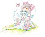  barefoot blush_stickers cirno colored_pencil_(medium) eyebrows fujiwara_no_mokou graphite_(medium) hand_on_shoulder holding holding_hair multiple_girls mundane_utility musical_note sitting takeu thick_eyebrows touhou traditional_media translated 