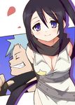  1girl 9law belt black_hair black_scarf black_star blue_eyes breasts cleavage closed_eyes closed_mouth from_side grin large_breasts looking_at_viewer nakatsukasa_tsubaki petals profile scarf side_ponytail silver_hair smile soul_eater spiked_hair star teeth 