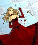  blonde_hair blue_eyes choker cloud copyright_request day dress elbow_gloves flower gloves gun k+ red_dress red_flower red_rose reflection rose sky solo weapon 